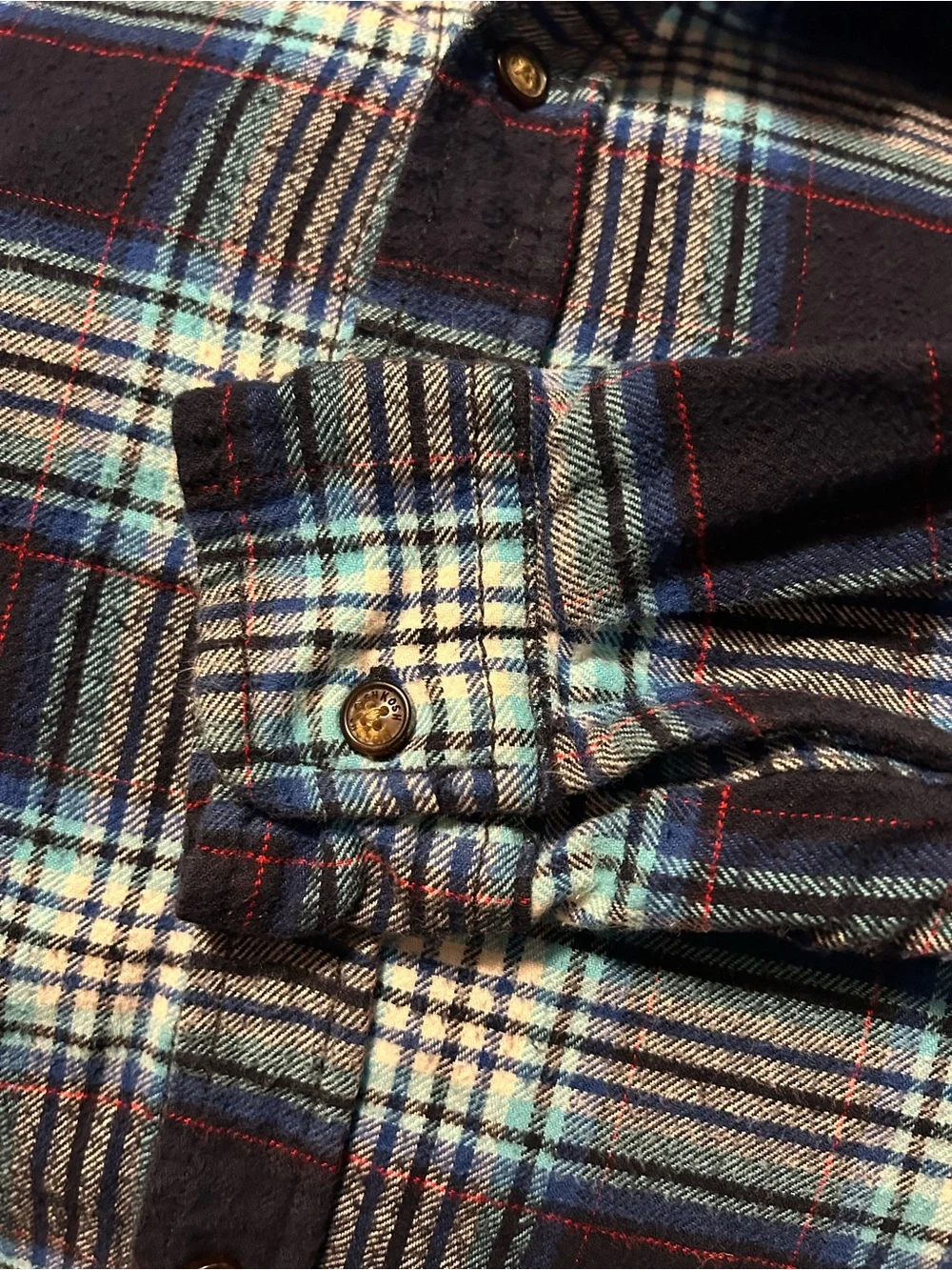 OshKosh B'gosh Boy’s Plaid Flannel Cabincore Navy and Red Button-Down Shirt Sz 7